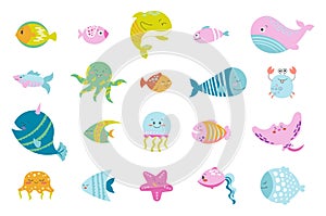 Cartoon aquatic animals. Marine life photo