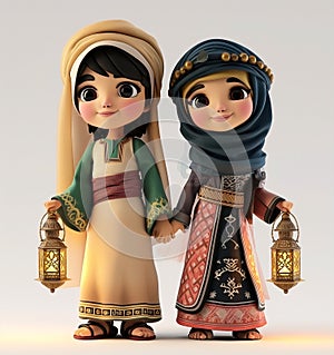 a cartoon arab boy and girl with holding lantern with crescent moon, stars and in background