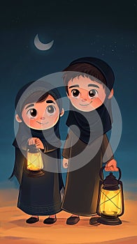 a cartoon arab boy and girl with holding lantern with crescent moon, stars and in background
