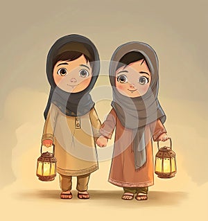 a cartoon arab boy and girl with holding lantern with crescent moon, stars and in background