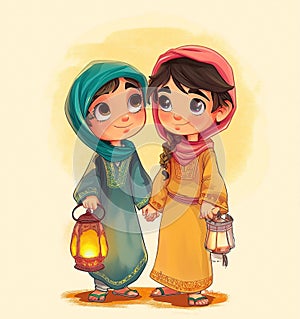 a cartoon arab boy and girl with holding lantern with crescent moon, stars and in background