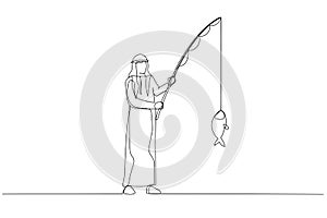 Cartoon of arab businessman fishing big fish. Single continuous line art style
