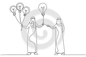 Cartoon of arab businessman giving lightbulb idea to young employee. Mentor give an advice. Single line art style