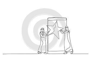 Cartoon of arab businessman are holding a gold star in hands. Single line art style