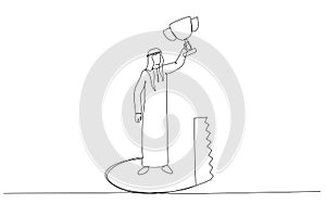 Cartoon of arab businessman holding trophy but get betrayed by someone. Single line art style