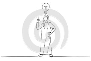 Cartoon of arab businessman with light bulb metaphor for innovation and inspiration. Single line art style