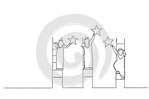 Cartoon of arab businessman reach stars with stairs on clouds. Single line art style