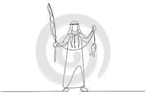 Cartoon of arab businessman showing fish concept of success. Single continuous line art style