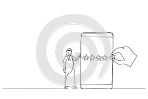 Cartoon of arab businessman standing with mobile phone with giant hand rating five stars. Single line art style