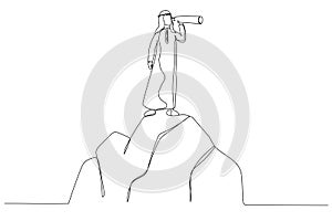 Cartoon of arab businessman standing on top of mountain, Looking of success. Business finance, leadership, business Startup.