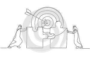 Cartoon of arab businessmen connecting puzzle elements. Metaphor for teamwork success target achievement. Single line art style