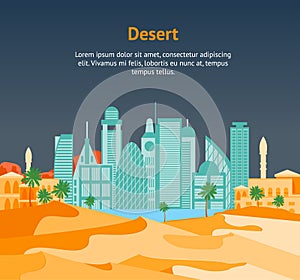 Cartoon Arab City on a Landscape Background Card Poster. Vector