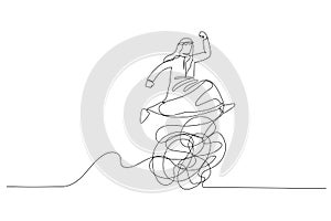 Cartoon of arab man jumping over messy line metaphor of overcoming trouble and difficulty. Single line art style