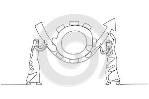 Cartoon of arab man partner help rotate gear cogwheel to make arrow rising up concept of business transformation. One line art