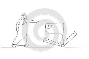 Cartoon of arab man walk into credit card trap showing danger of debt. Single continuous line art style