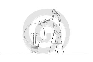 Cartoon of arab muslim businessman on ladder watering to fill in liquid in idea light bulb concept of idea development. Continuous
