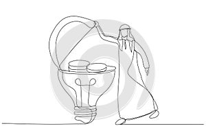 Cartoon of arab muslim businessman open bright lightbulb idea and found money coins. Single continuous line art style