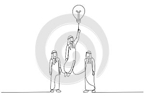 Cartoon of arab muslim businessman rising on bulb balloon try to find opportunity. Single line art style