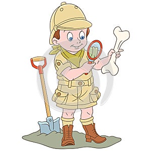 Cartoon archaeological explorer with fossil bone