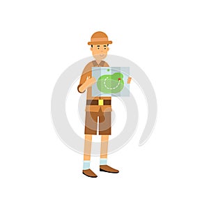 Cartoon archaeologist character studying the map