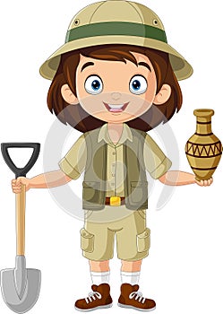 Cartoon archaeologist girl on white background