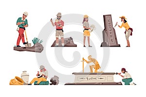 Cartoon archeology. Paleontologist characters with archeological tools. Geologists working in field. People dig up