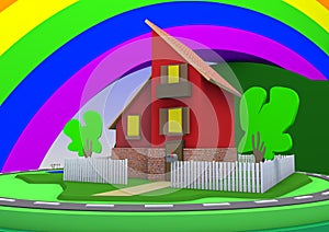 Cartoon architecture house with a great landscape and a rainbow