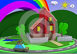 Cartoon architecture house with a great landscape and a rainbow