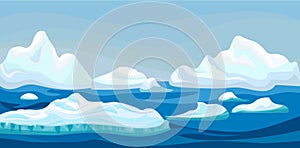 Cartoon arctic iceberg with blue sea, winter landscape. Scene game concept Arctic Ocean and snow mountains. Vector