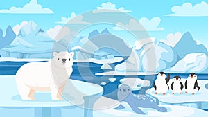 Cartoon arctic landscape with animals. White bears and penguins on drifting glacier, snow mountains iceberg polar winter