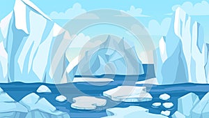 Cartoon arctic landscape. Icebergs, blue pure water glacier and icy cliff snow mountains. Greenland polar nature photo