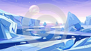 Cartoon arctic landscape with water, snowy iced mountains and rocks. North pole problems, melted ices. Winter nature