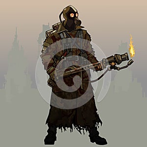 Cartoon armed man in gas mask and post apocalypse clothes