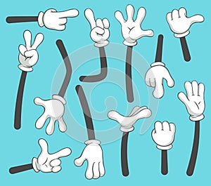 Cartoon arms. Doodle gloved pointing hands, different human point arm. Vintage vector illustration set