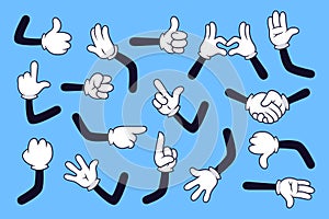 Cartoon arms. Gloved hands with different gestures, various comic hands in white gloves vector illustration set