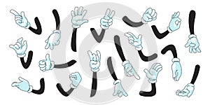 Cartoon arms. Human or mascot characters in white gloves showing gestures with palms and fingers. Vector comic symbols