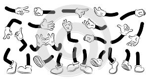 Cartoon arms and legs. Doodle human body parts. Character hands and foots in white gloves and boots. Limbs clipart