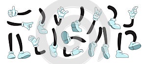 Cartoon arms and legs. Mascot doodle hands in white gloves showing gestures and feet in boots kicking running and