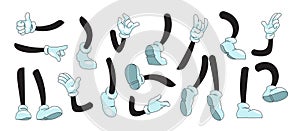 Cartoon arms and legs. Mascot doodle hands in white gloves showing gestures and feet in boots kicking running and photo