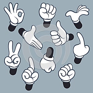 Cartoon arms. Various hands with different gesture, doodle gloved pointing hands, human point arm. Vintage vector