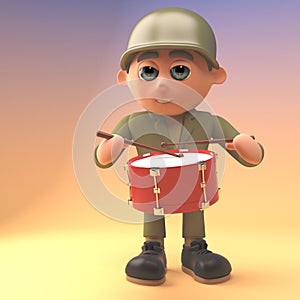 Cartoon army solder is drumming, 3d illustration