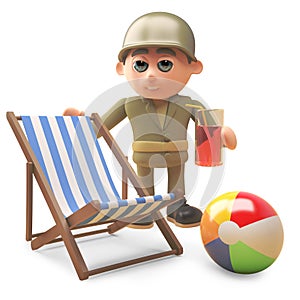 Cartoon army soldier drinks next to a deckchair and beachball, 3d illustration