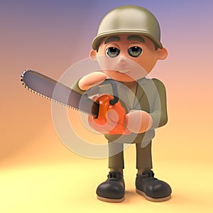 Cartoon army soldier using a chainsaw, 3d illustration