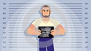 Cartoon arrested gangster mugshot. Arrested criminal holds board for identification, photo in police station, suspect