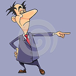 Cartoon arrogant man in a suit with a tie points with his finger