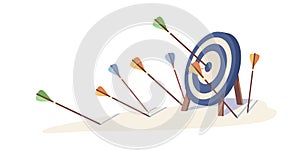 Cartoon arrows missed hitting target mark isolated on white background. Multiple fail inaccurate attempt hit archery