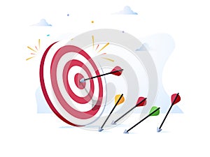 Cartoon arrows missed hitting target mark isolated on white background. Multiple fail inaccurate attempt hit archery photo