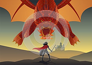 Cartoon art of fiction with knight fighting with dragon