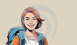 Cartoon art of happy woman with backpack, smiling and gesturing with thumb