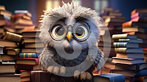 A cartoon art style image of a curious owl wearing glasses, perched on a stack of books by AI generated